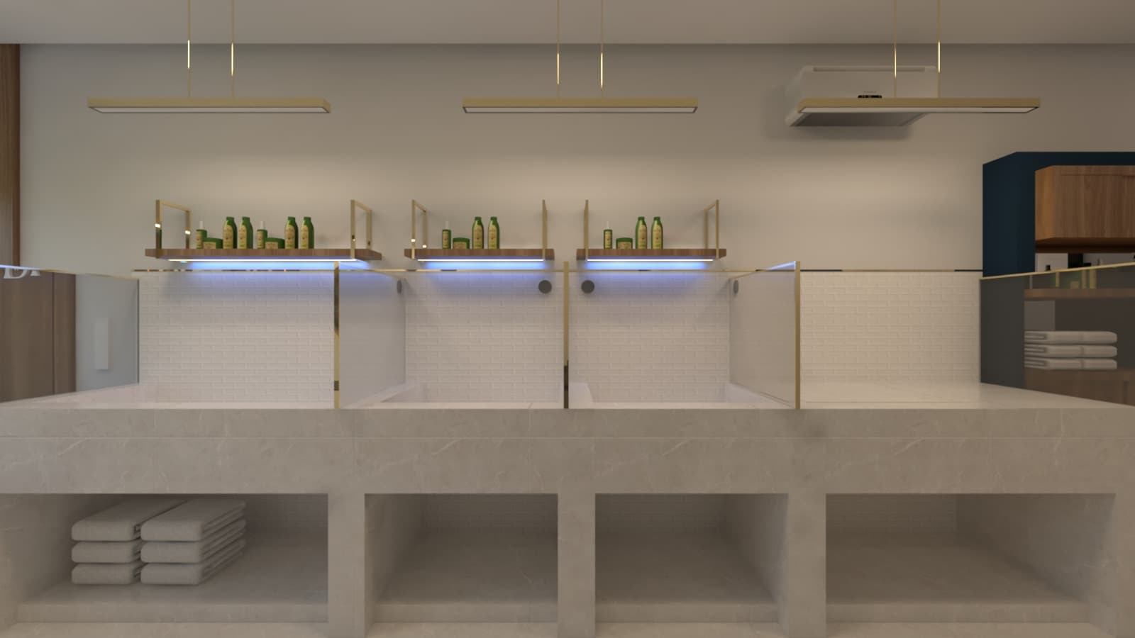 Banho e tosa com cubas, divisórias de vidro e detalhes dourados